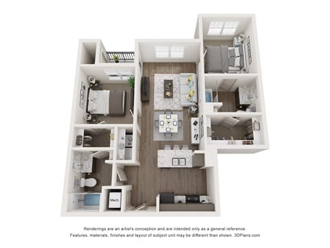 Floor plan for 2 beds, 2 baths, 937 sqft